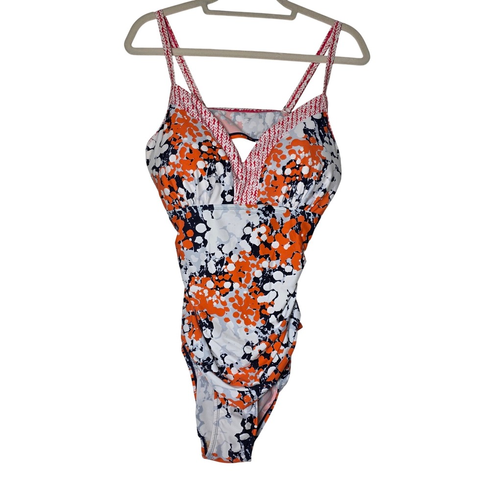 Sea & Sand Tummy Control One Piece Swimsuit Orange Navy White Floral Size 16 NWT